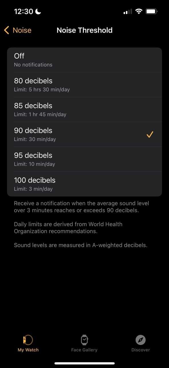 The different decibel settings on Apple Watch