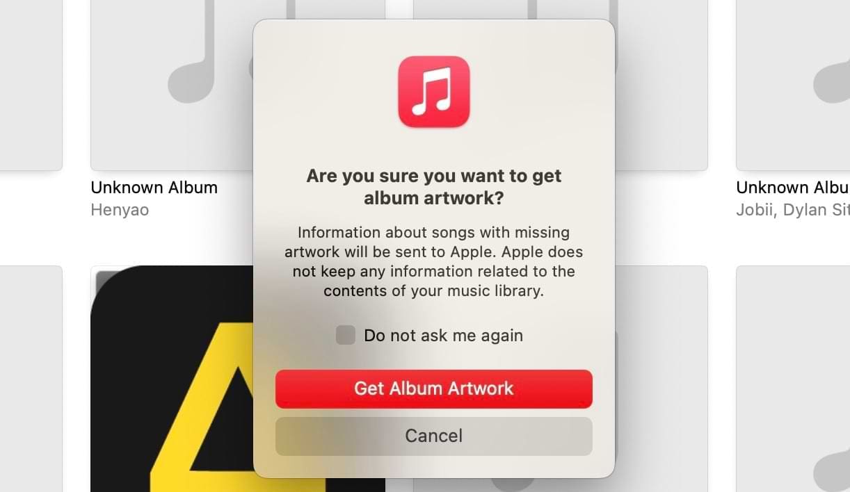 Music App Album Artwork Confirmation Window