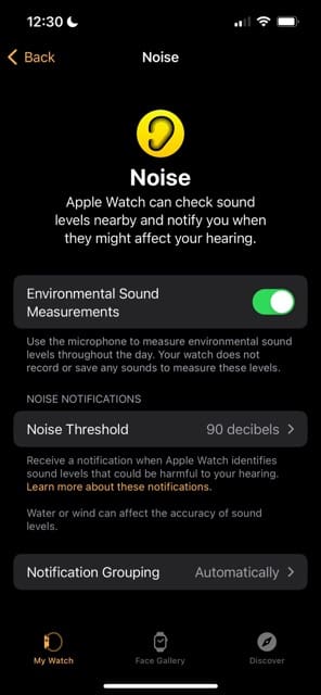 Toggle on Environmental Sound Settings for the Apple Watch